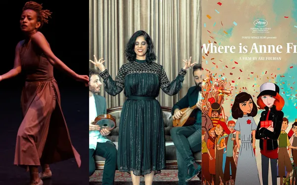 Israeli dancer Dege Feder, Yamma Ensemble, and a scene from the film "Where is Anne Frank?"